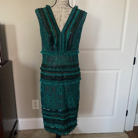 TADASHI SHOJI -TEAL LACE & FRINGE DRESS - Size 10 - Picture 4 of 8